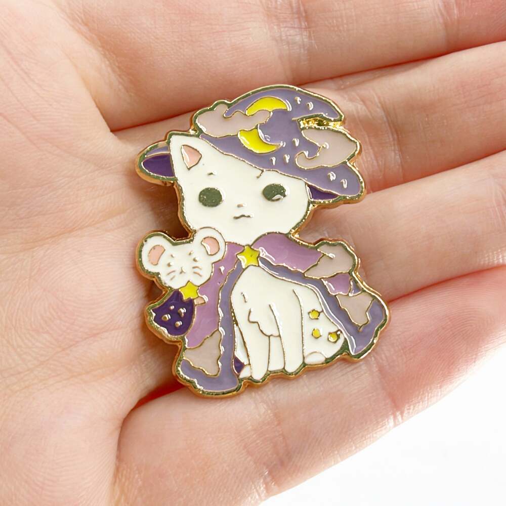 Cat Witch with Mouse Enamel Pin Purple Magic Halloween